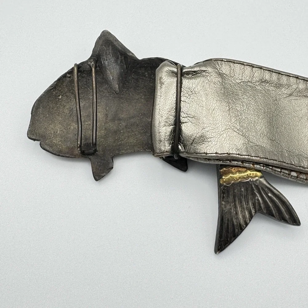Vintage Pewter Leather Belt India Cast‎ Metal Fish Buckle Brass Copper Tones S/M